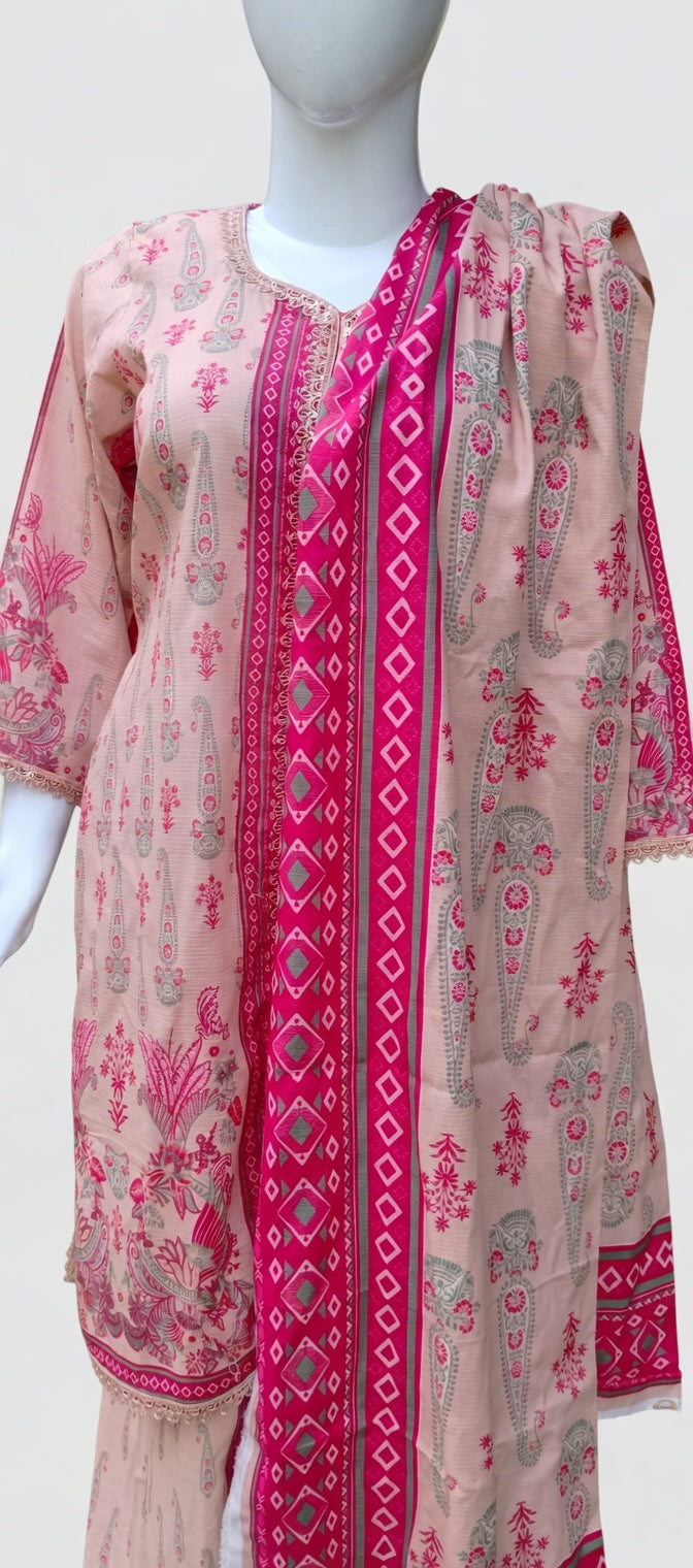 PINK CO-ORD SET LAWN UNSTICHE/STITCHED 3 PIECE SUIT