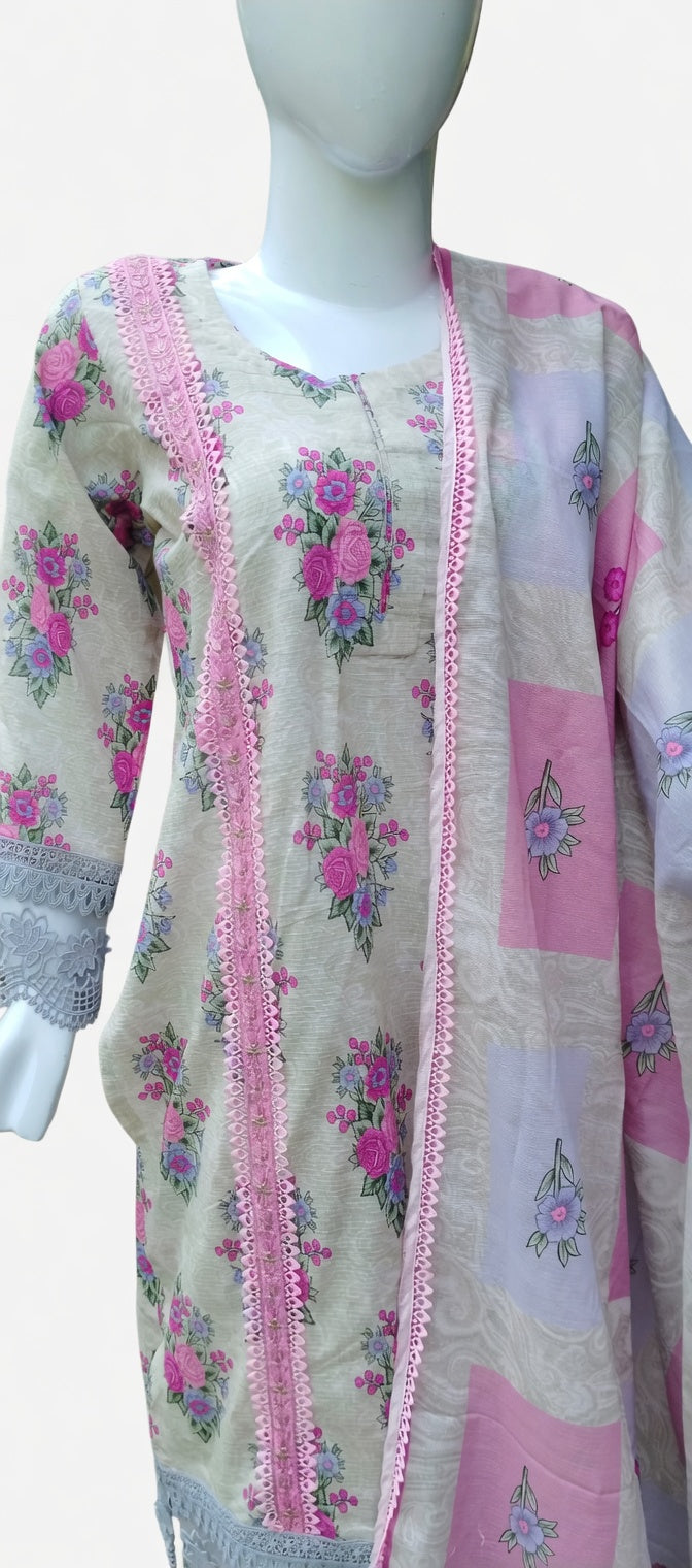 FLORAL GREY COLOURED LAWN UNSTITCHED/STITCHED 3 PIECE SUIT